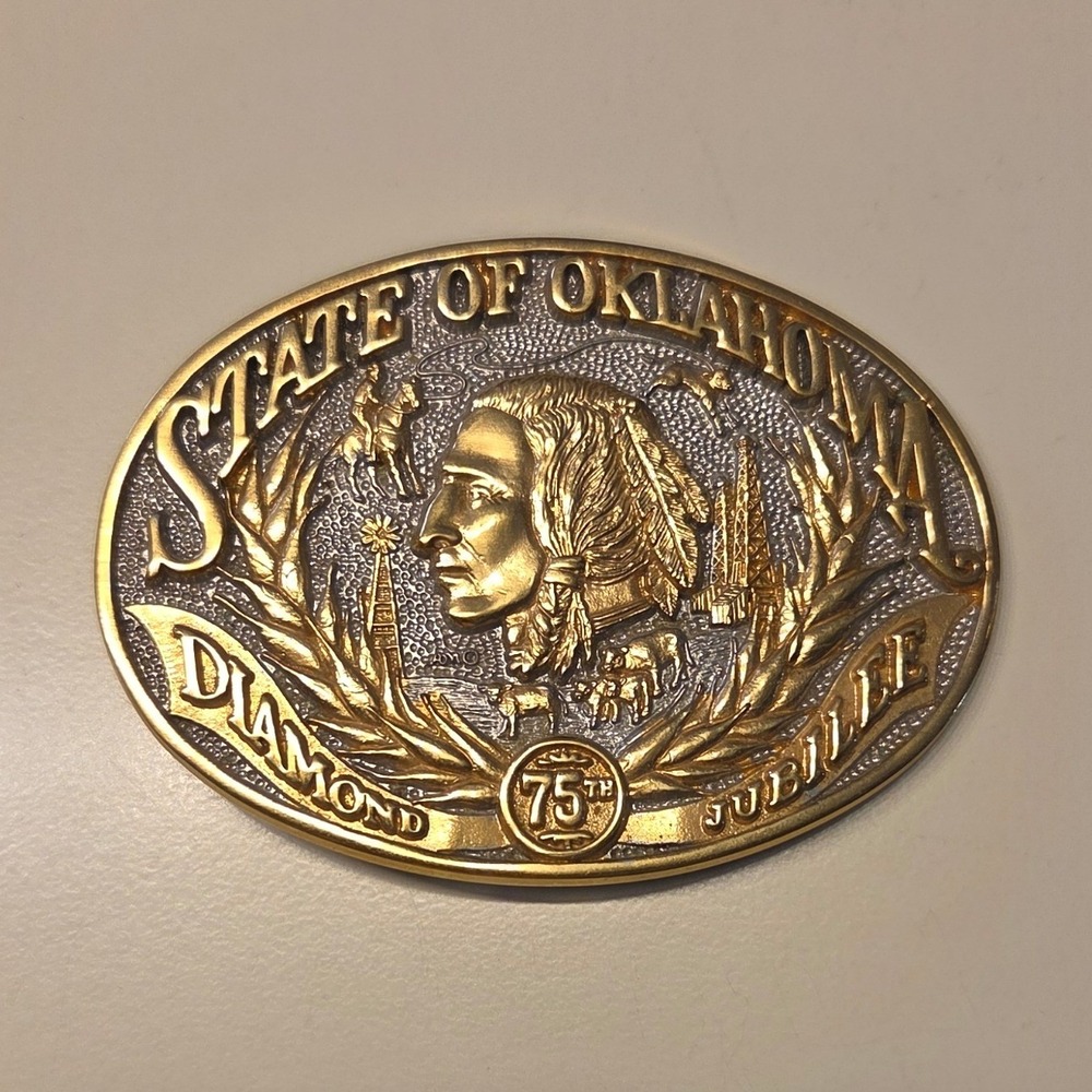 State of Oklahoma Diamond 75th Jubilee Belt Buckle 24K GP Award Design Medals
